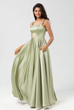 Dusty Sage A Line Square Neck Floor Length Satin Bridesmaid Dress with Pocket
