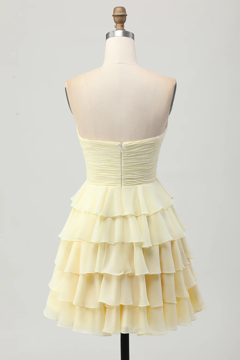 Light Yellow Strapless Tiered Ruched A Line Short Homecoming Dress
