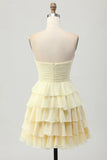 Light Yellow Strapless Tiered Ruched A Line Short Homecoming Dress