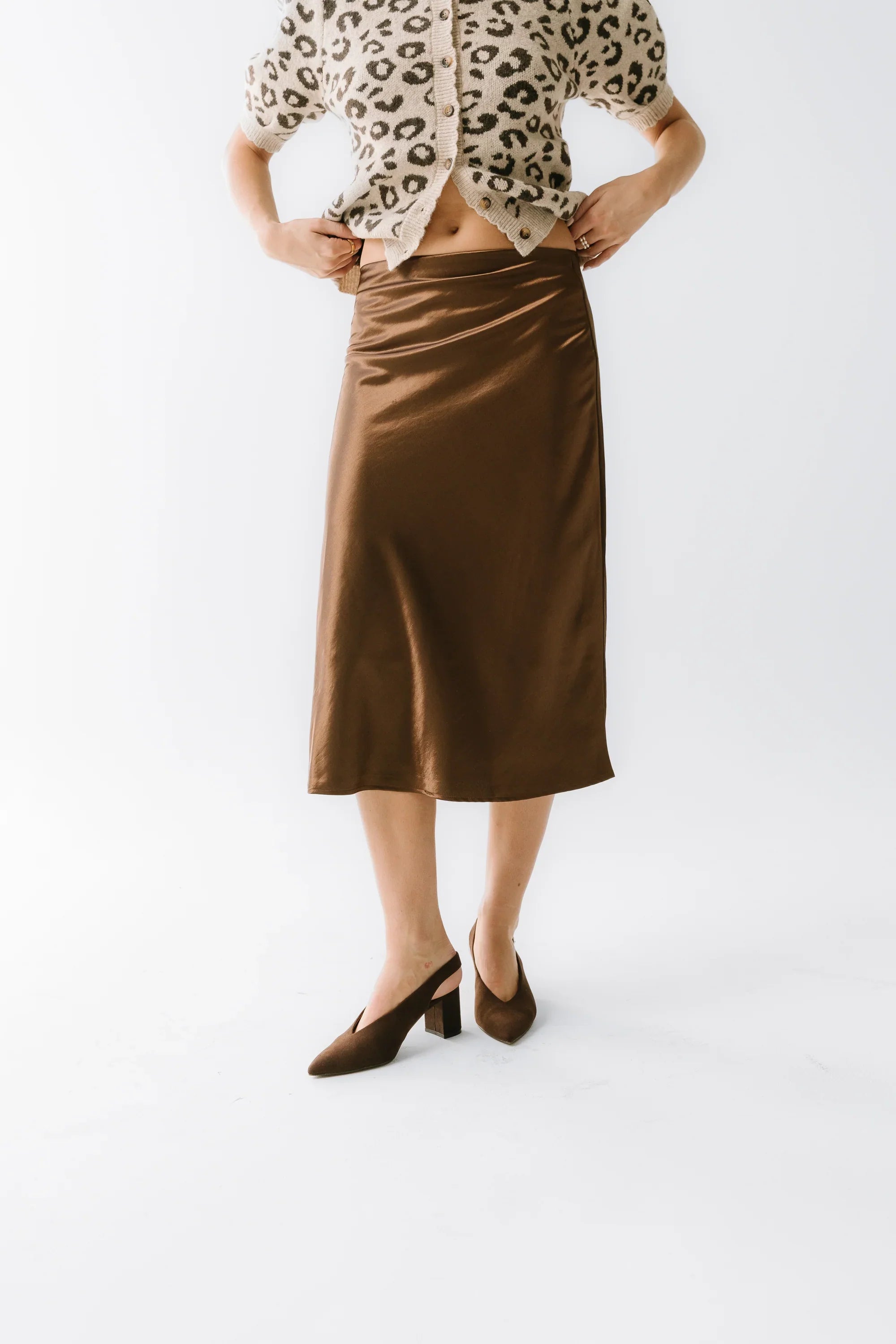 Juniper Satin Midi Skirt in Brown