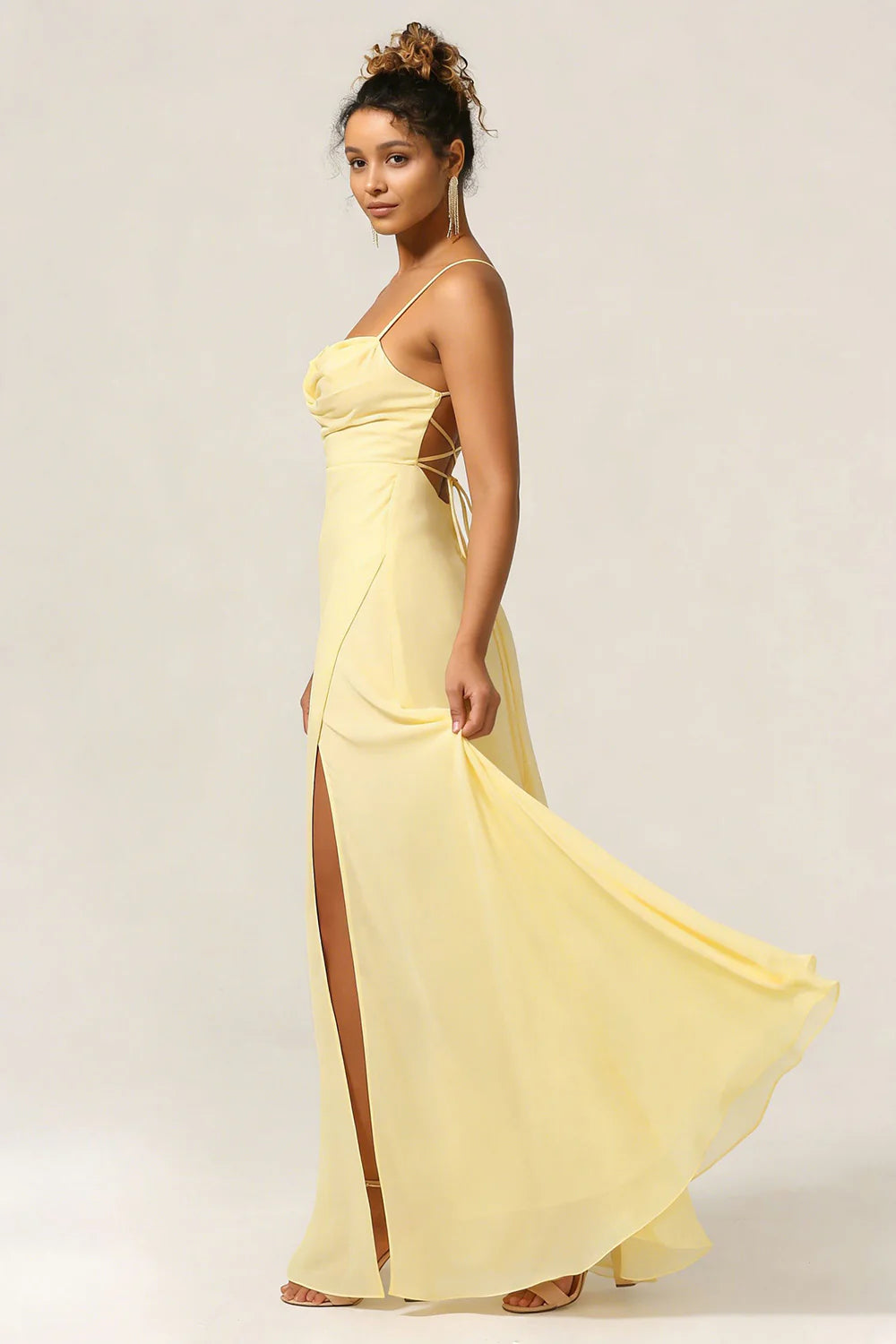 Blue Flower A Line Spaghetti Straps Chiffon Long Bridesmaid Dress with Slit