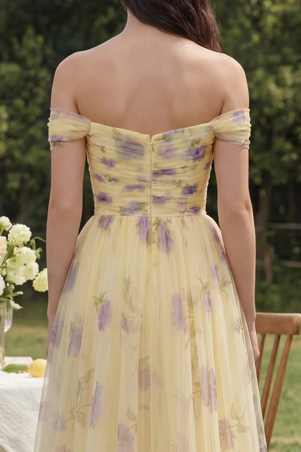 Off the Shoulder Yellow Floral A Line Midi Wedding Guest Dress