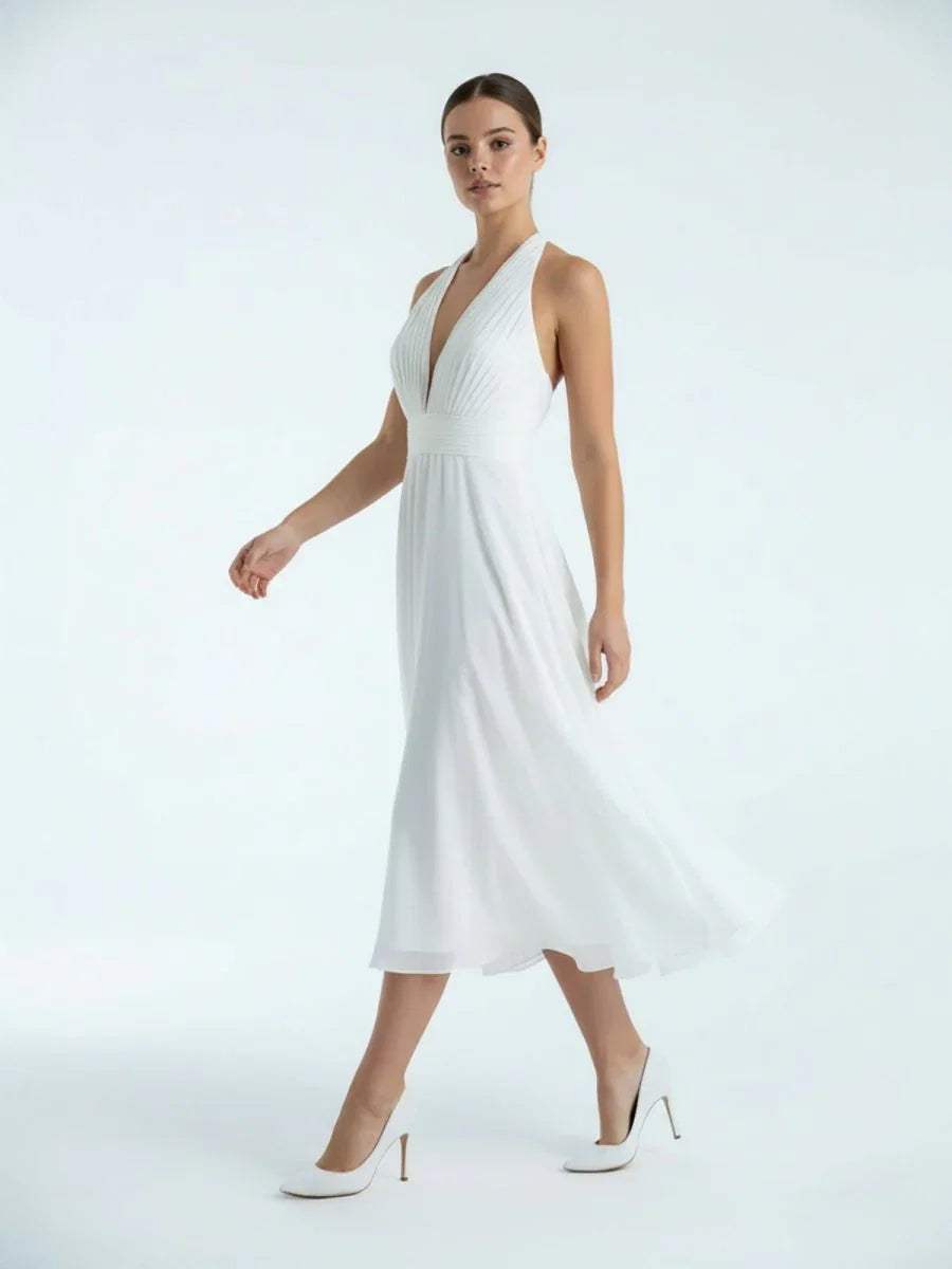 Vintage Tea Length Chiffon Wedding Dress With Halter Neck and Bow