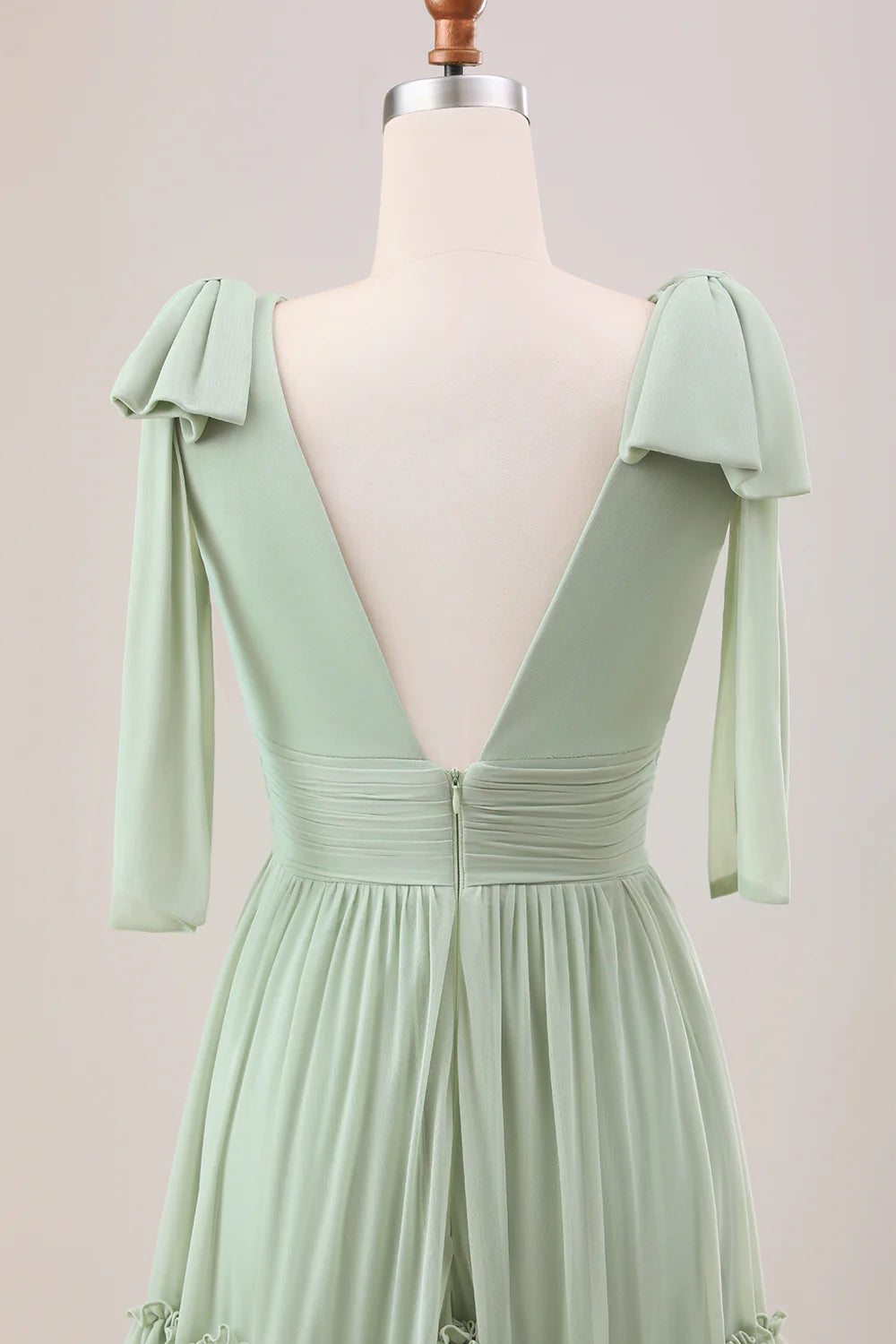 Dusty Sage A Line V Neck Knitted Chiffon Long Bridesmaid Dress With Ruffles