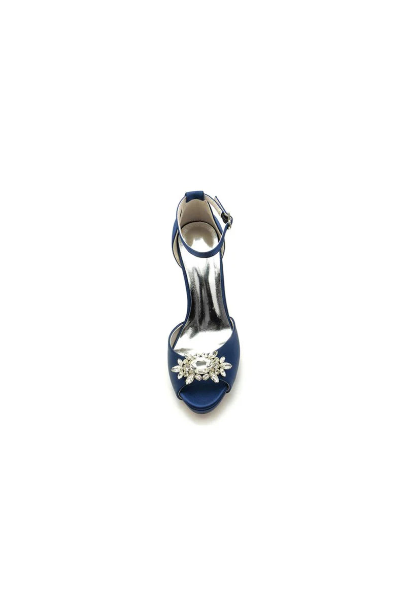 Royal Blue Silk Heels with Crystal Flower Ornament