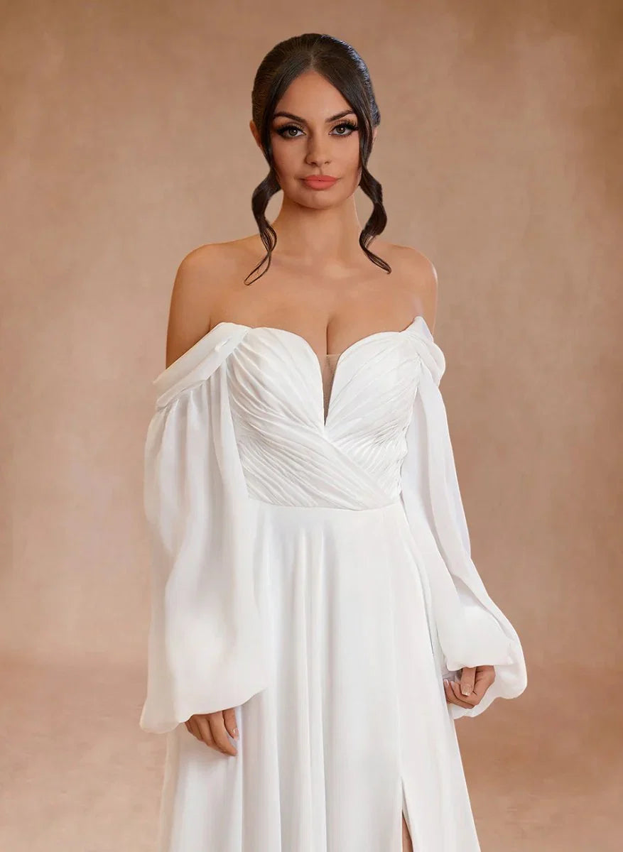 A Line Sweetheart Long Sleeves Chiffon Sweep Train Wedding Dress