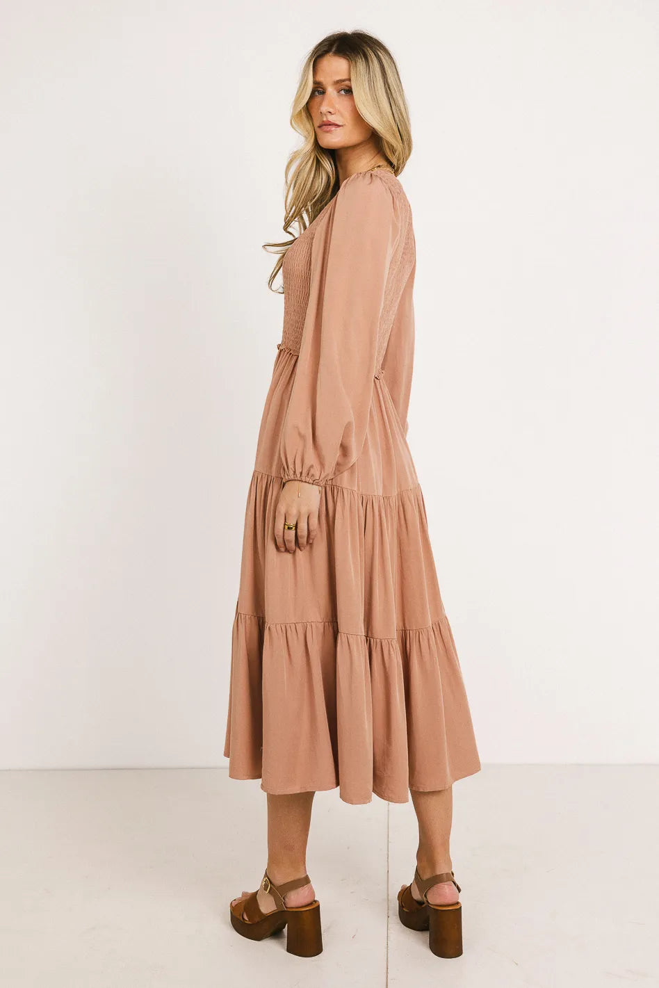 Smocked Tiered Midi Dress in Pink FINAL SALE