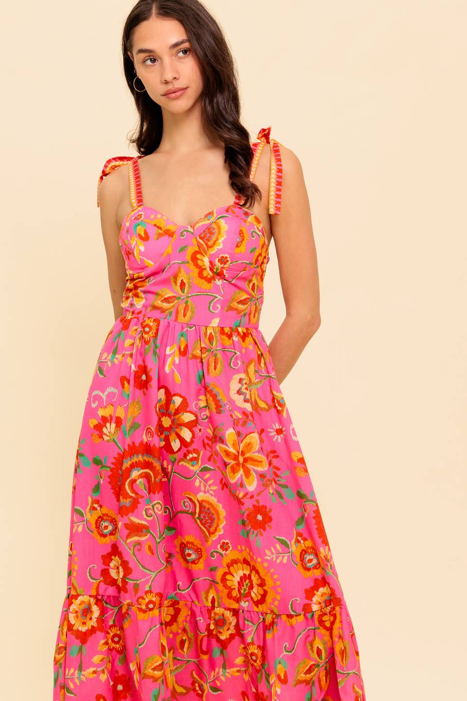 GARDEN GATHERING BUSTIER MIDI DRESS PINK MULTI