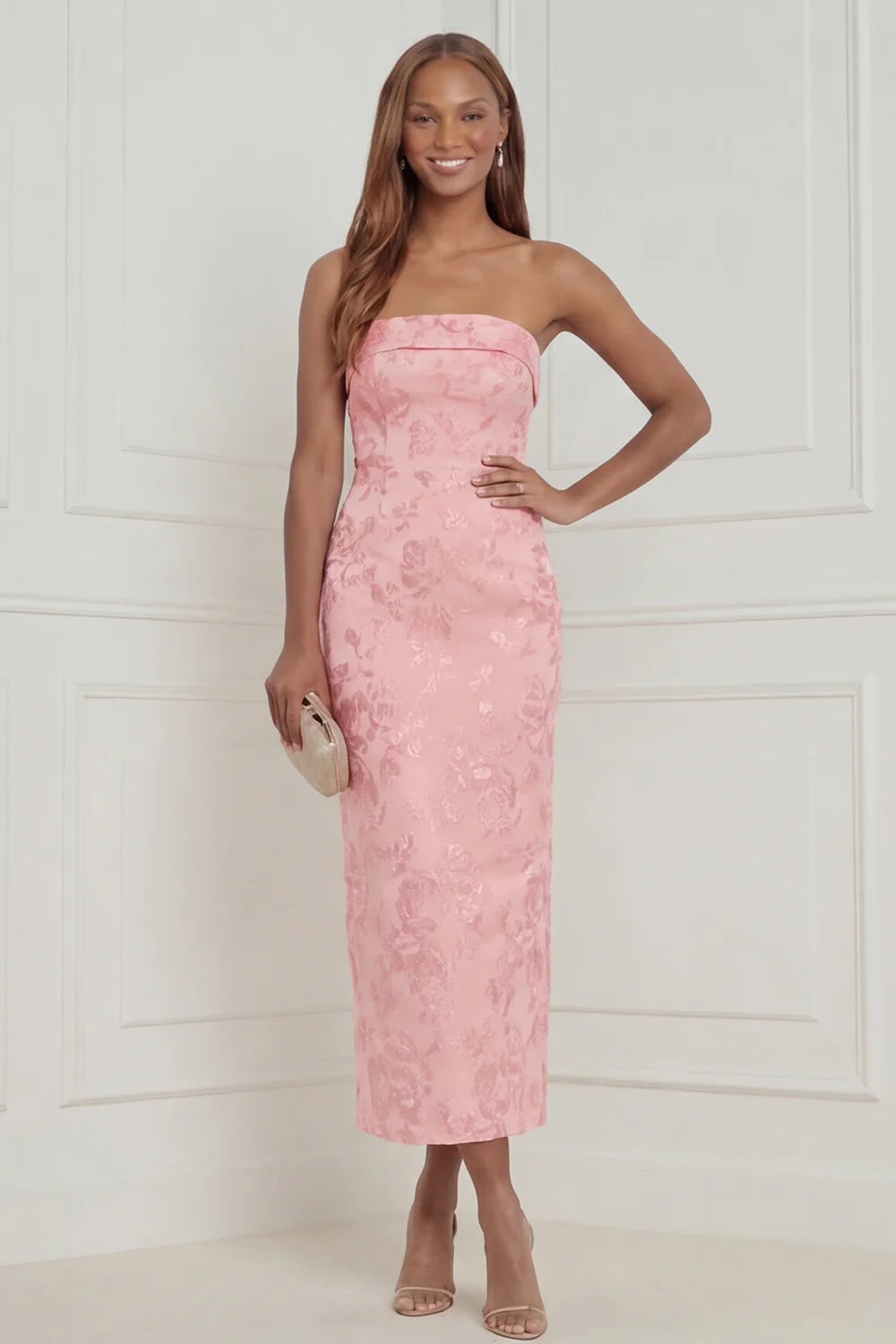 Sky Blue Sheath Strapless Jacquard Midi Wedding Guest Dress