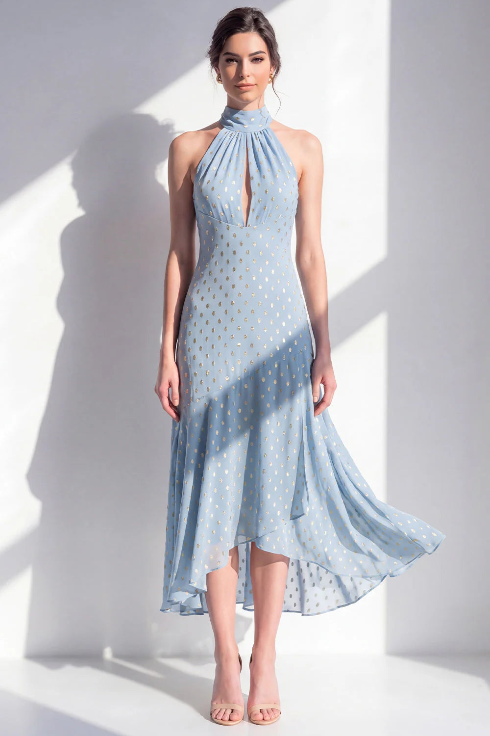 Halter A Line Olive Midi Wedding Guest Dress
