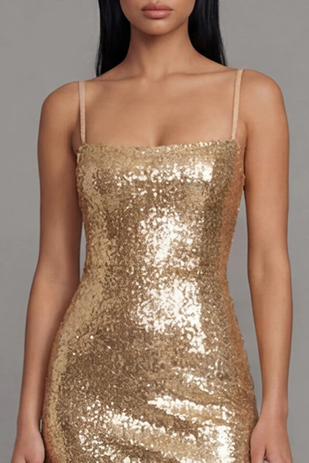 Gold Sequin Spaghetti Straps Midi Wedding Guest Dress