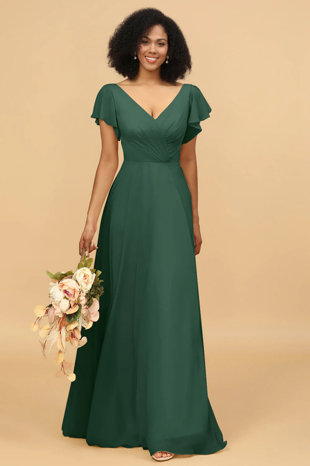 V Neck Cape Long Floor Length Chiffon Bridesmaid Dress