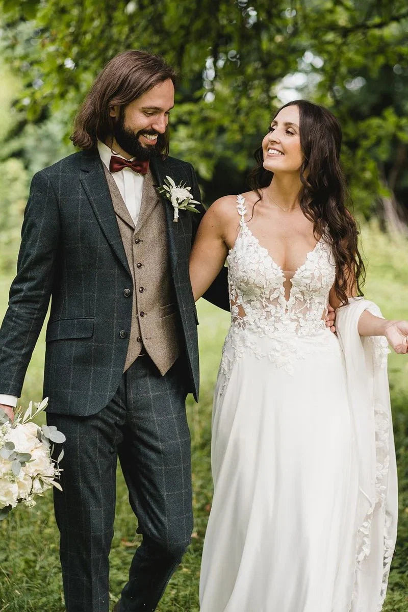 Boho A Line V Neck Chiffon Wedding Dresses with Appliques