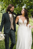 Boho A Line V Neck Chiffon Wedding Dresses with Appliques