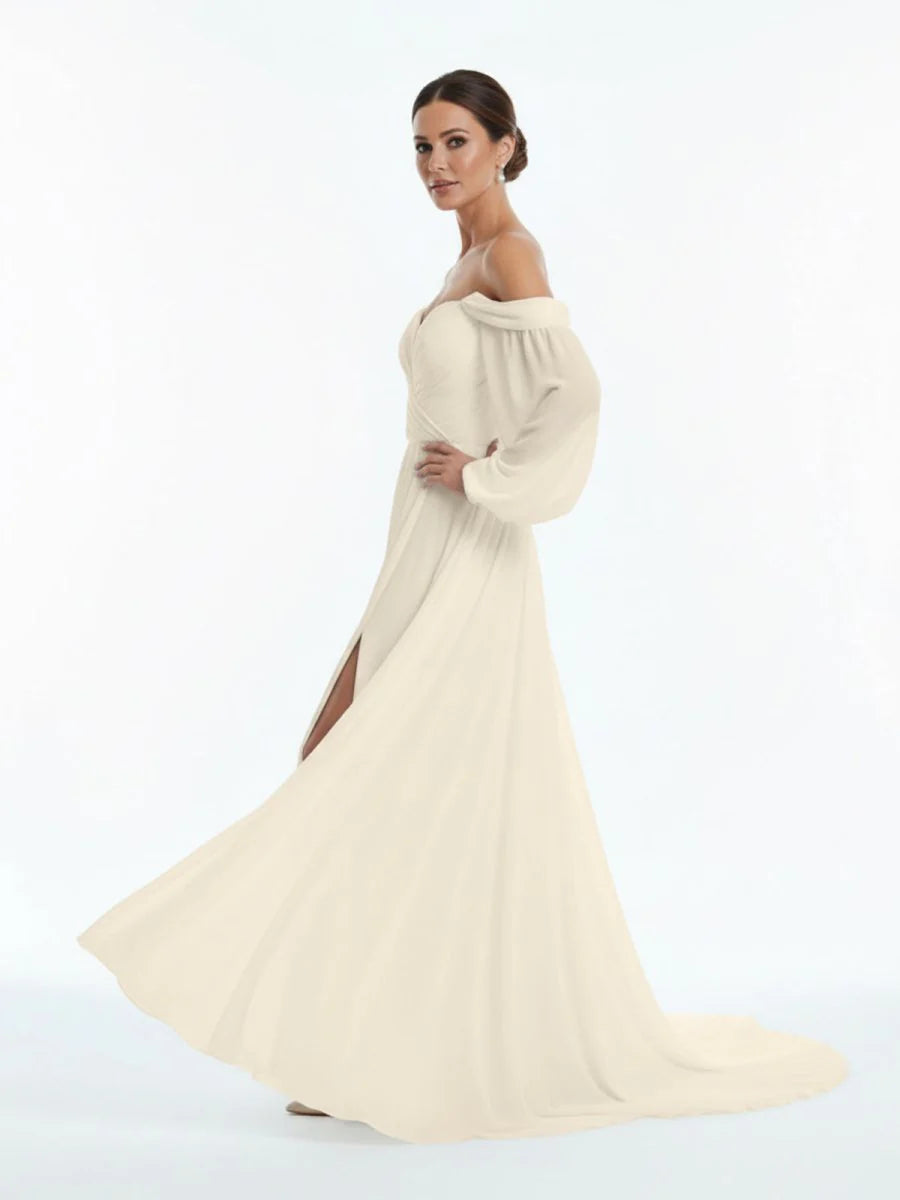 A Line Sweetheart Long Sleeves Chiffon Sweep Train Wedding Dress
