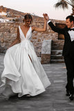 Attractive Deep V Neck White Satin Bohemian Wedding Dress