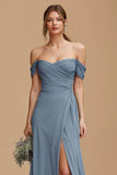 Twilight Off The Shoulder A Line Long Bridesmaid Dress with Slit