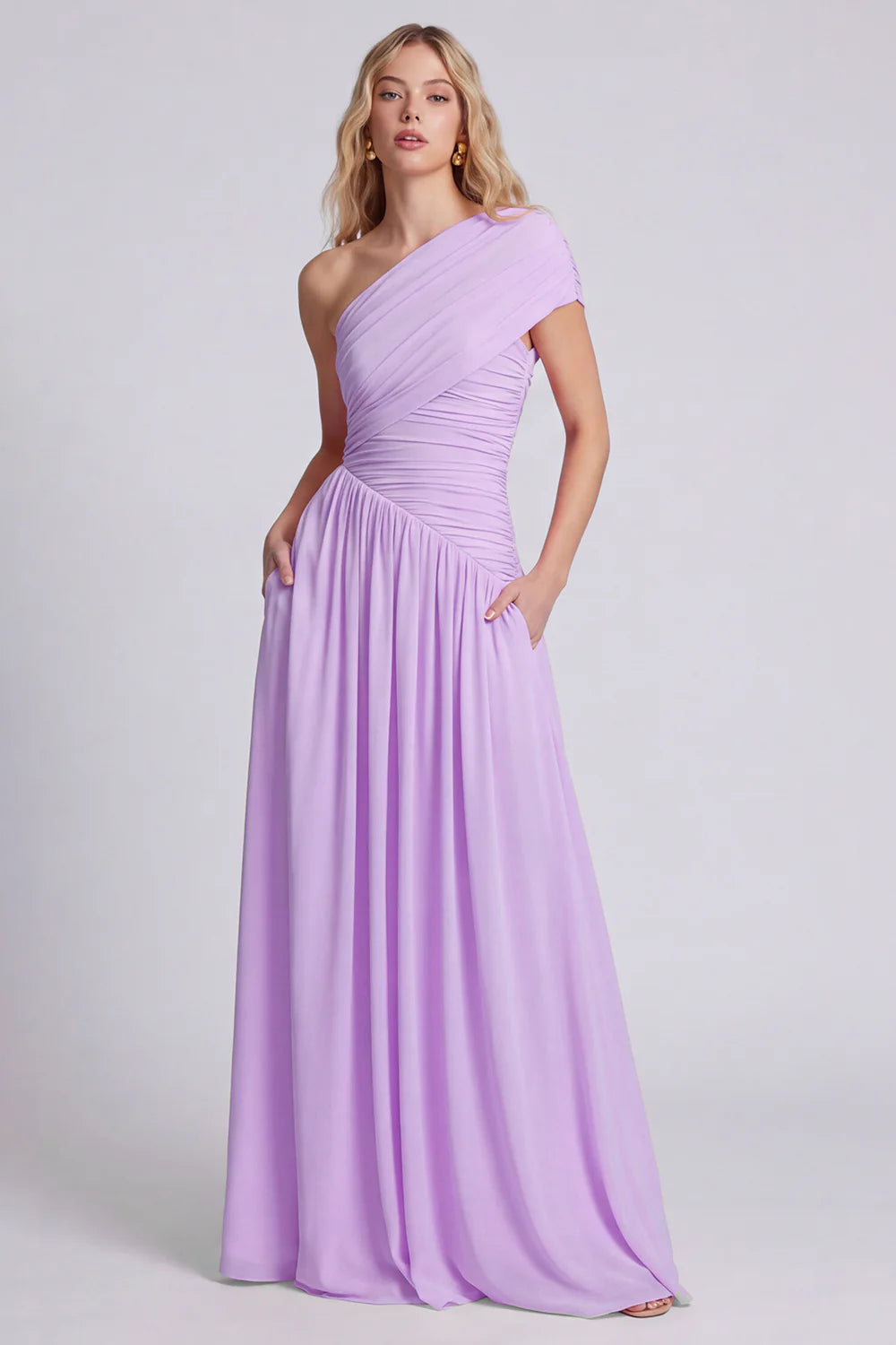 One Shoulder Pink A Line Ruched Bridesmaid Dress