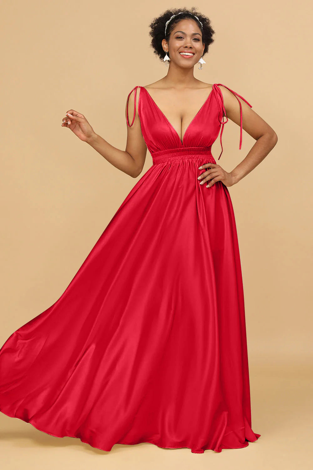 A Line Deep V Neck Backless Floor Length Bridesmaid Dress