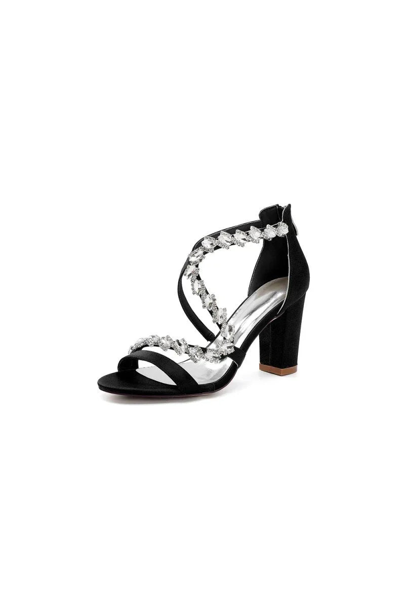 Open Toe Satin Block Heels With Crystal Straps