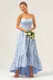 Blue A Line Strapless Brocade High Low Floral Bridesmaid Dress