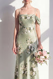 Mermaid Sage Green Floral Spaghetti Straps Long Bridesmaid Dress