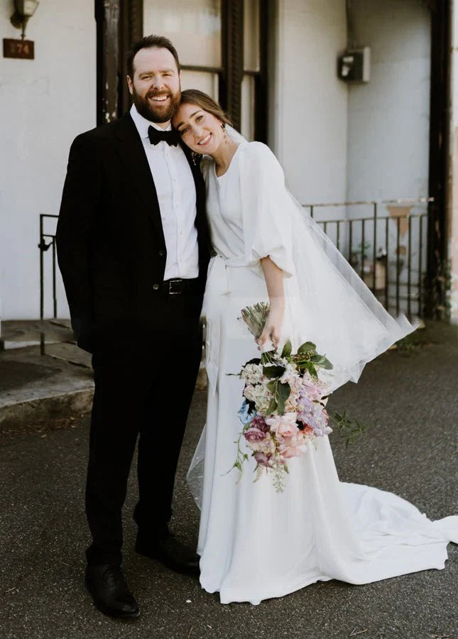 Simple Elegant Half Sleeves Crepe O Neck White Wedding Dresses with Sash