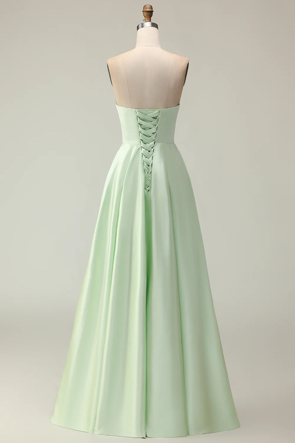 Sage Green A Line Strapless Satin Long Bridesmaid Dress with Lace Up Back