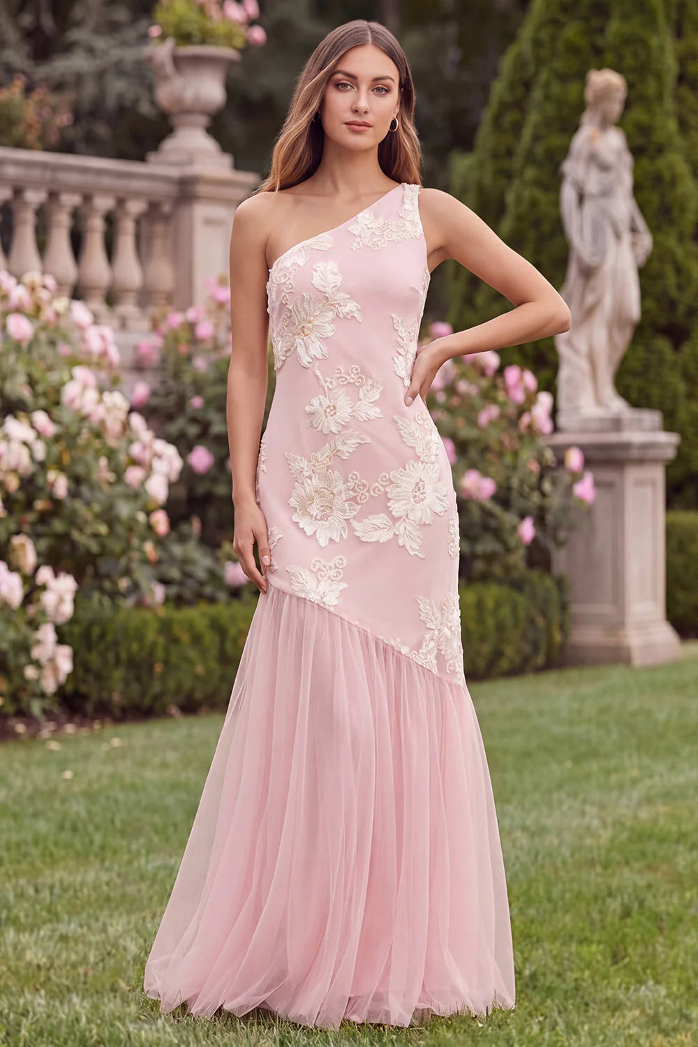 Pink One Shoulder Mermaid Floral Wedding Guest Dress