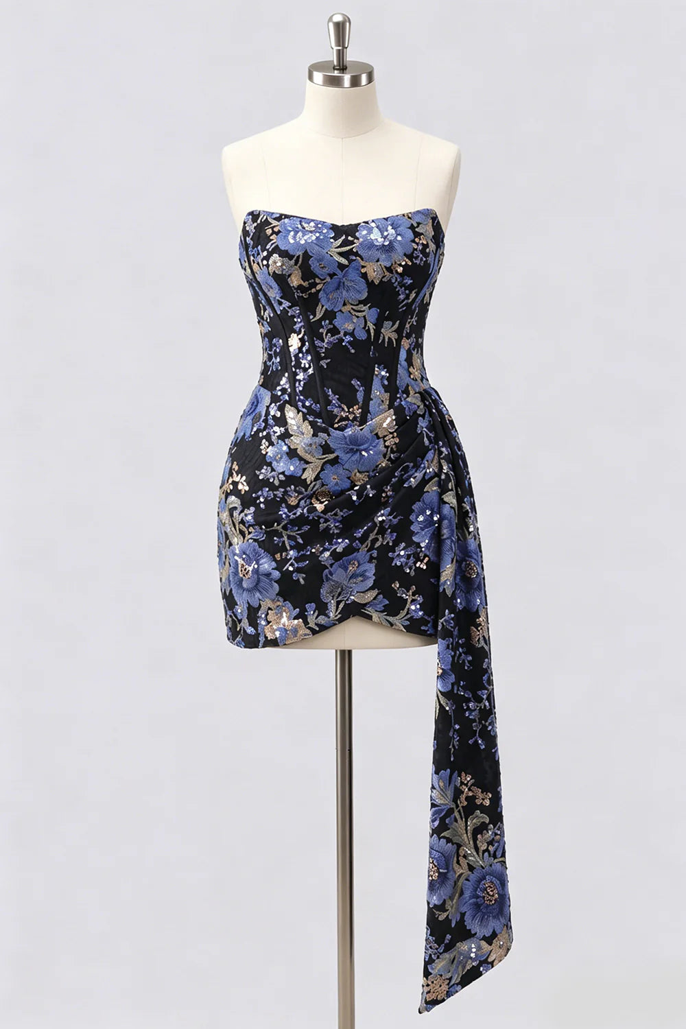 Strapless Pink Bodycon Corset Floral Sequin Homecoming Dress with Sash