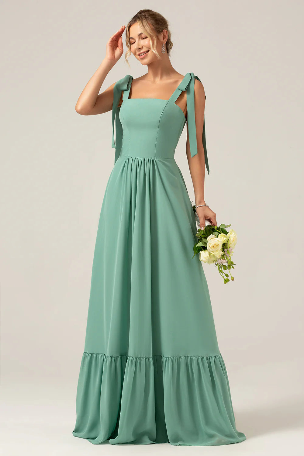 A Line Spaghetti Straps Pleated Floor Length Eucalyptus Bridesmaid Dress