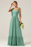 A Line Spaghetti Straps Pleated Floor Length Eucalyptus Bridesmaid Dress