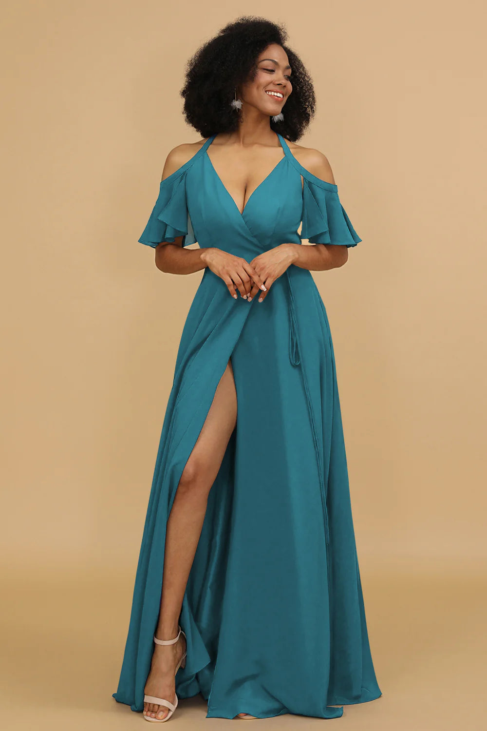A Line Halter Cold Shoulder Chiffon Bridesmaid Dress with Slit