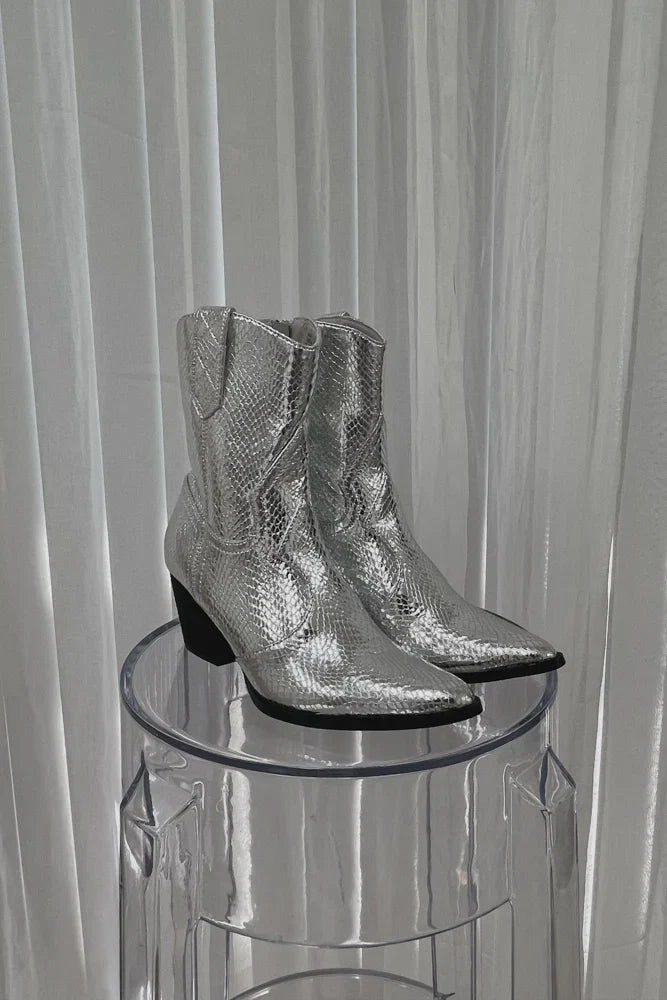 Bambi Silver Snake Western Ankle Boot