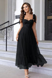 Black A Line Bow Spaghetti Straps Pleated Long Wedding Guest Dress