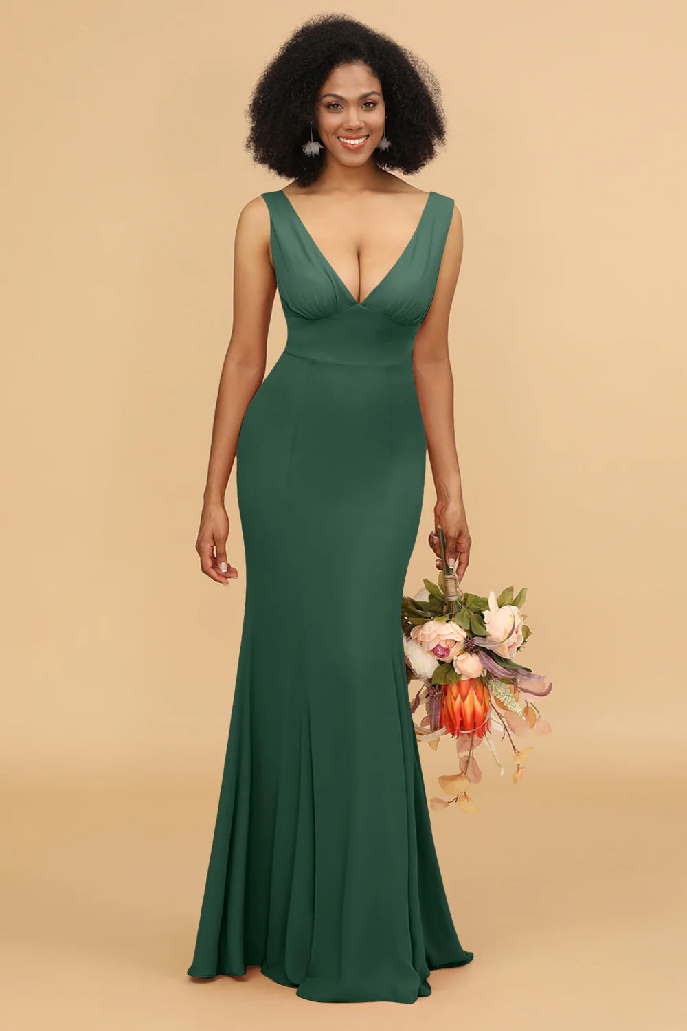 Mermaid V neck Open Back Long Chiffon Bridesmaid Dress With Ruffles