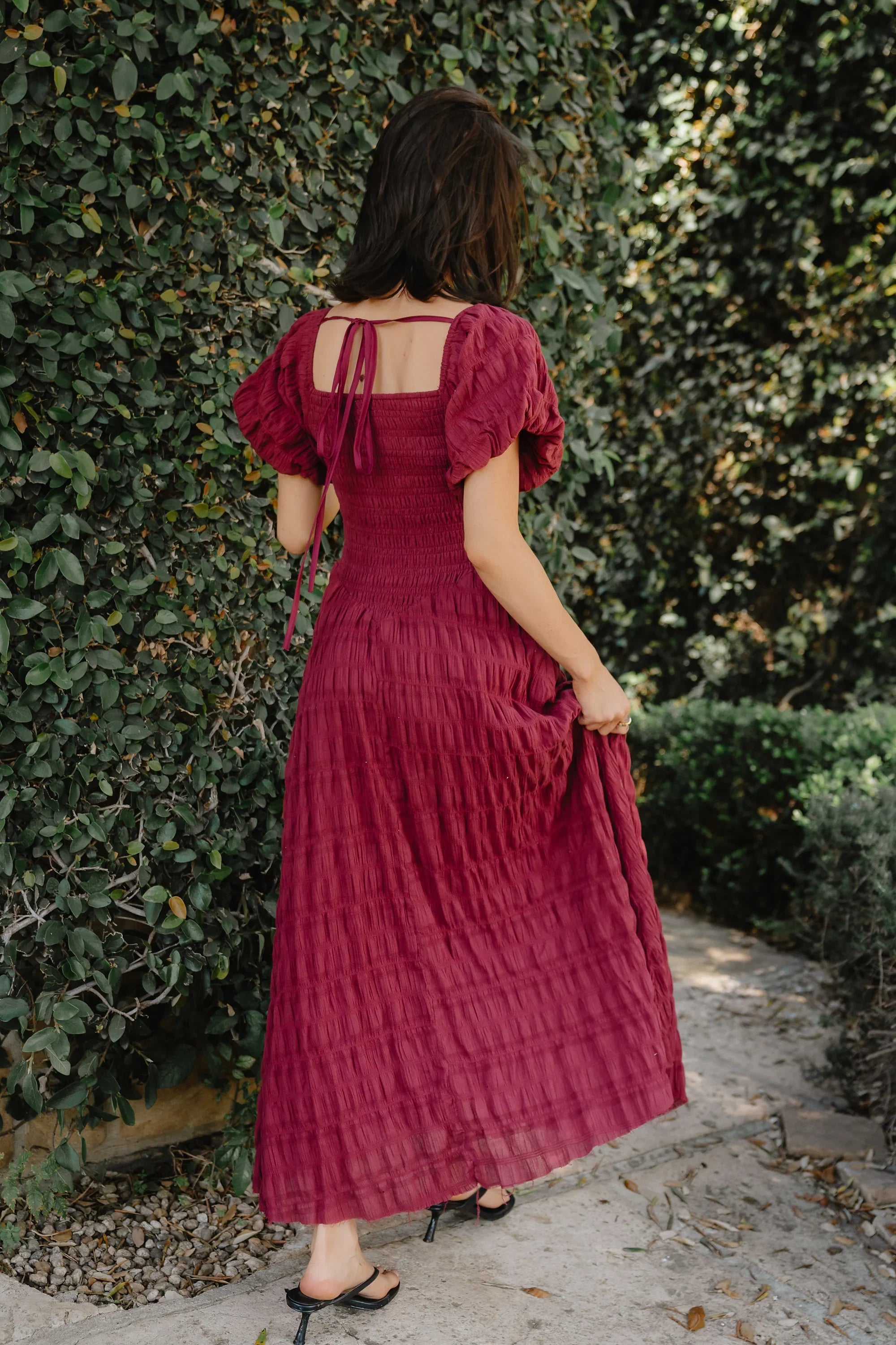 Beckie Smocked Maxi Dress in Burgundy