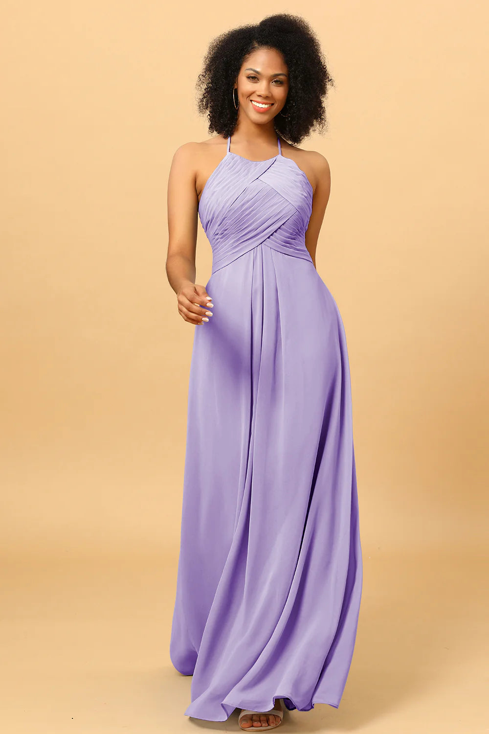 Sheath Halter Open Back Long Chiffon Bridesmaid Dress