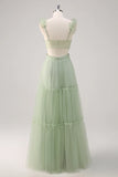 Dusty Sage A Line V Neck Ruched Hollow Out Long Bridesmaid Dress with Open Back