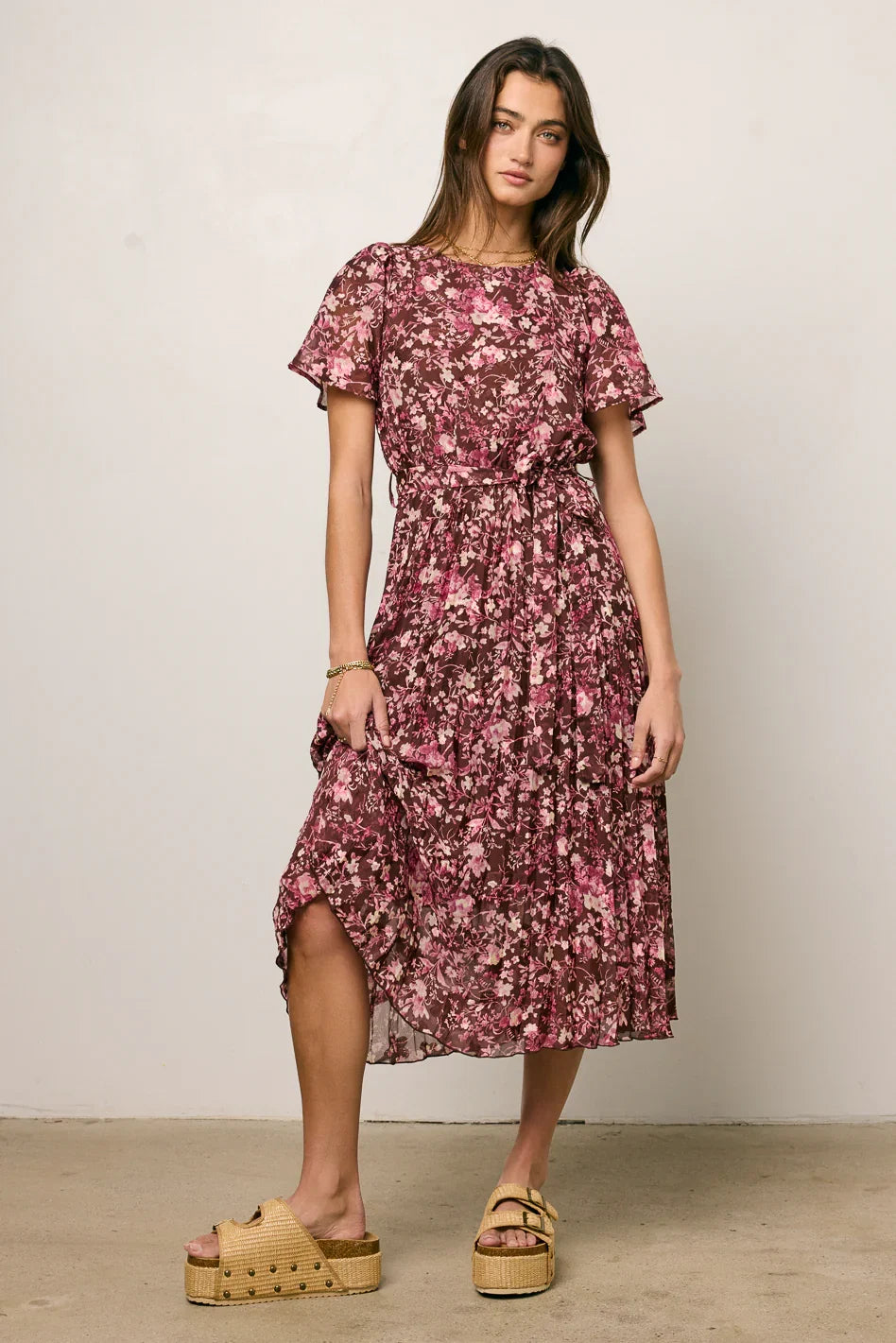 Mary Anne Floral Midi Dress in Brown FINAL SALE