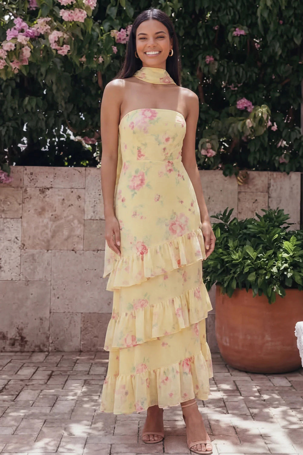 Pink Floral Ruffle Strapless Wedding Guest Dress with Sash