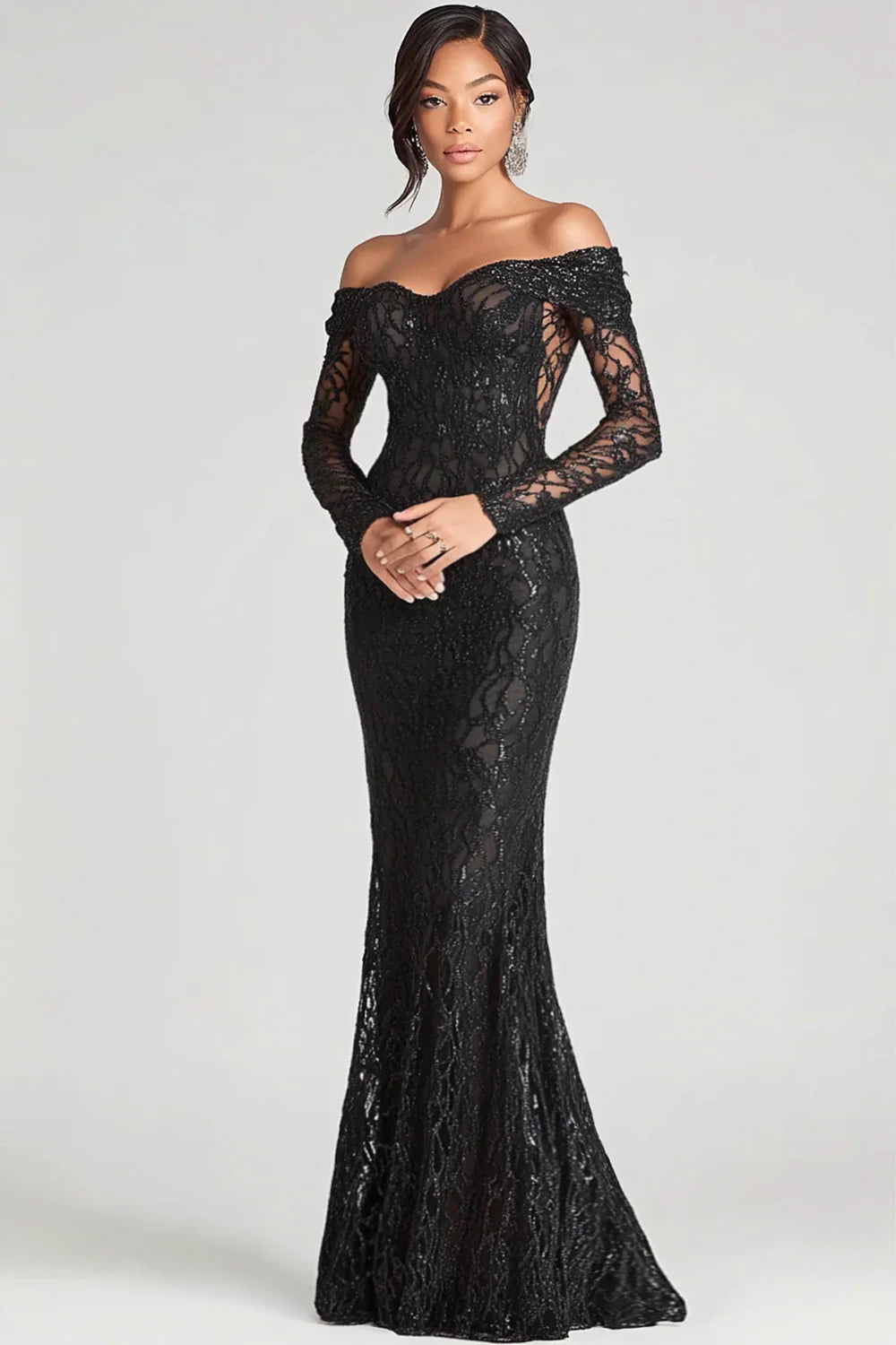 Off The Shoulder Black Sheath Mesh Lace Formal Dress
