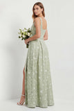 Sage A Line Square Neck Floral Jacquard Bridesmaid Dress with Slit