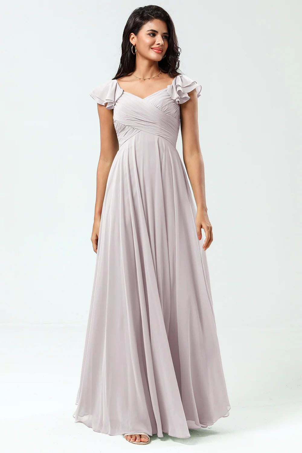 Lace Up Back Cross A Line Chiffon Bridesmaid Dress with Ruffles