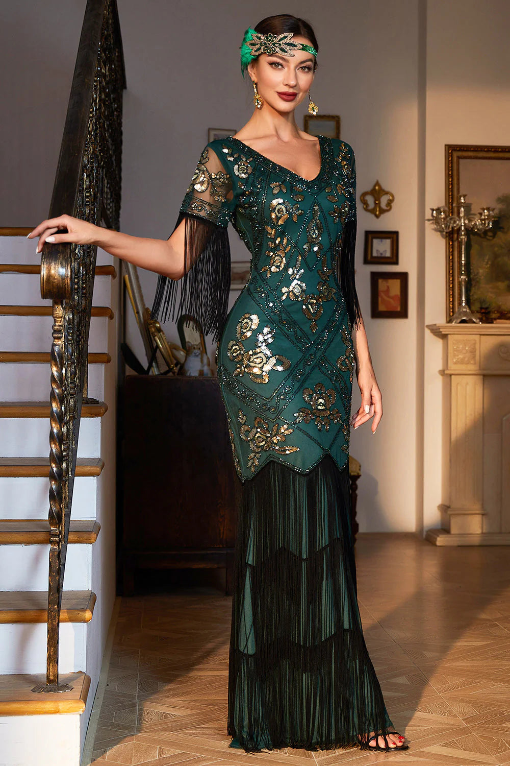 Sheath V Neck Black Sequins Long Party Dress with Fringes