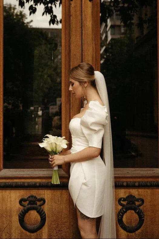Bodycon Square Neck Satin Short Wedding Dresses with Lantern Sleeves