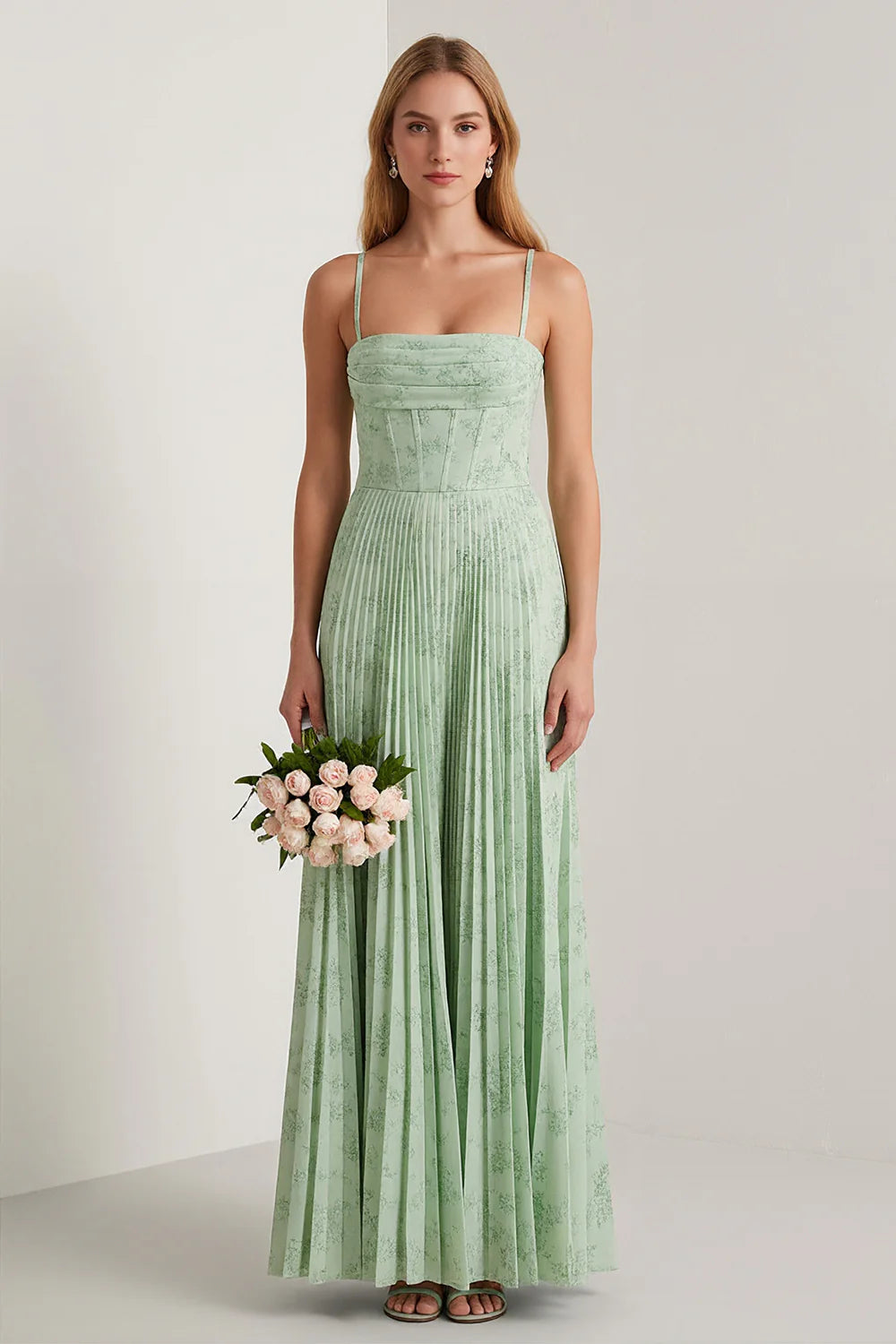 Sage Green Floral A Line Corset Pleated Long Bridesmaid Dress