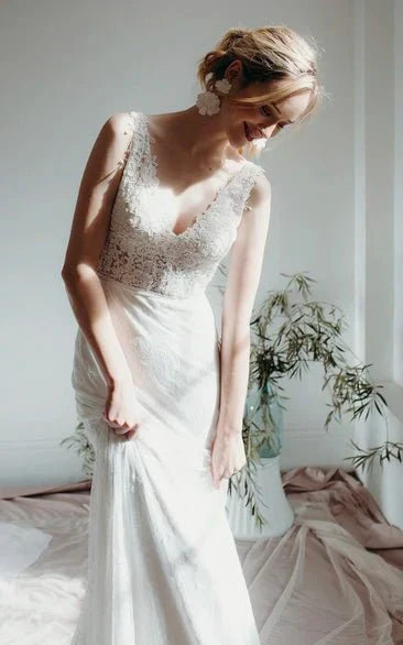 Lace Sleeveless Elegant Mermaid Plunging V neck Bridal Gown With Deep V back And Buttons