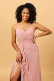 Blush A Line V Neck Chiffon Ruffled Long Bridesmaid Dress with Slit