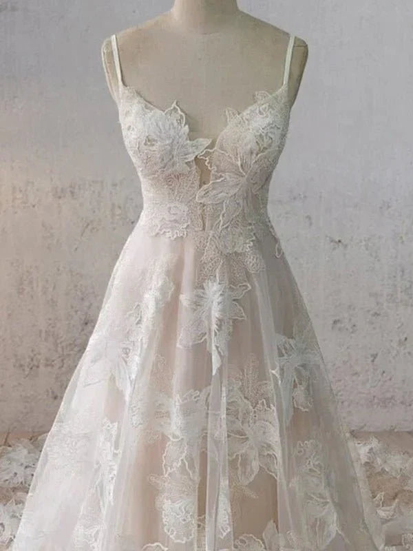 Boho White A Line Lace Appliques Wedding Dress
